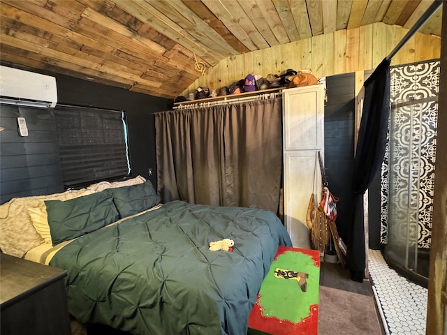 bedroom with vaulted ceiling, wood walls, a wall mounted air conditioner, and wooden ceiling