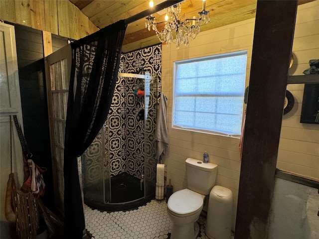 bathroom featuring toilet, a stall shower, and wooden walls