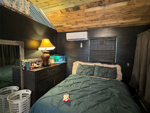 bedroom featuring a wall mounted air conditioner, lofted ceiling, wood walls, and wooden ceiling