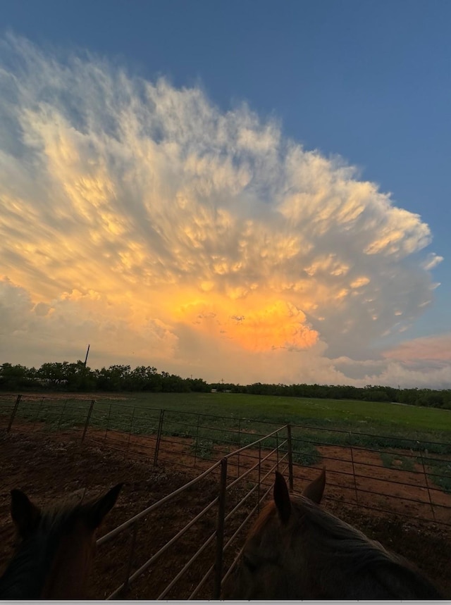 yard at dusk with a rural view and fence