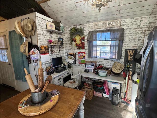 kitchen with dark wood-type flooring, freestanding refrigerator, wood ceiling, and lofted ceiling