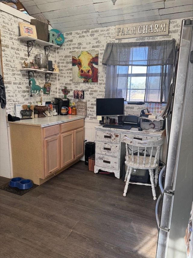 office with dark wood-type flooring and wood ceiling