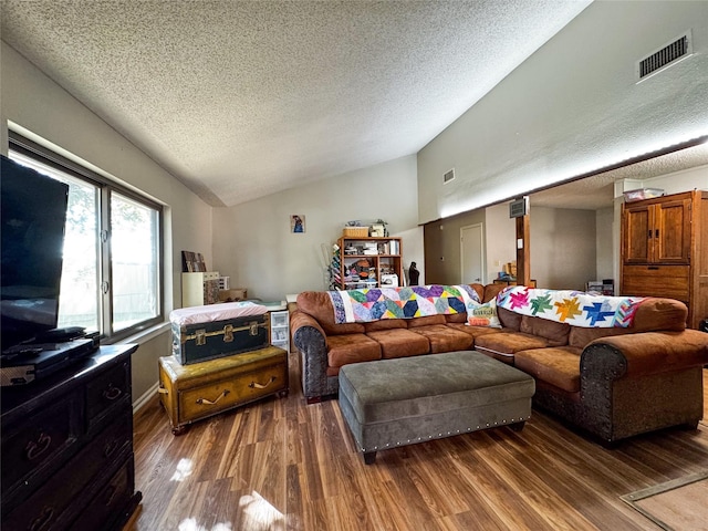 living room with wood-type flooring, lofted ceiling, and a textured ceiling