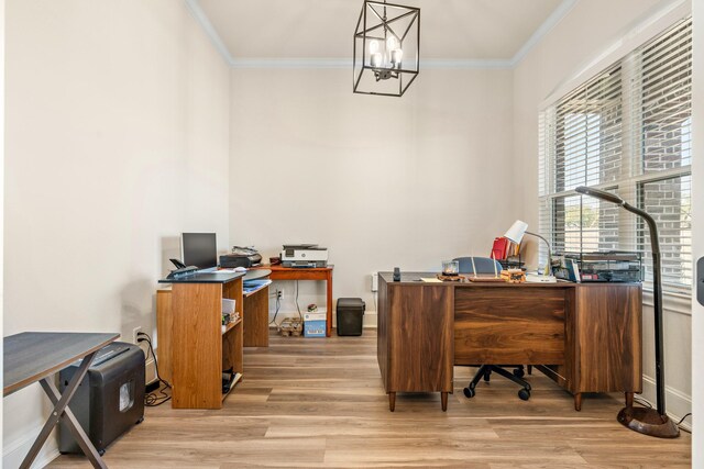 office with a chandelier, crown molding, and light hardwood / wood-style flooring