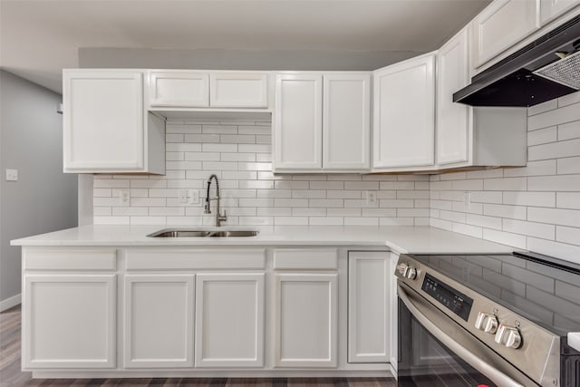 kitchen featuring dark hardwood / wood-style flooring, tasteful backsplash, sink, electric stove, and white cabinetry