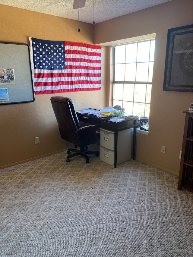 office space with carpet floors and a textured ceiling