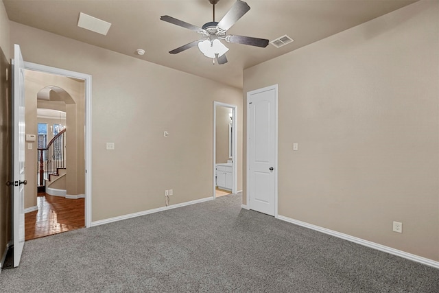 unfurnished bedroom with carpet and ceiling fan