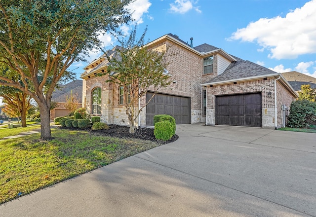 view of front of house with a garage and a front lawn