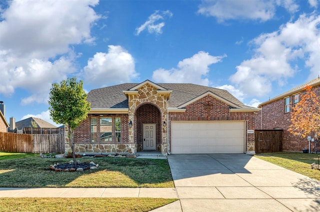 view of front of house with a garage and a front lawn