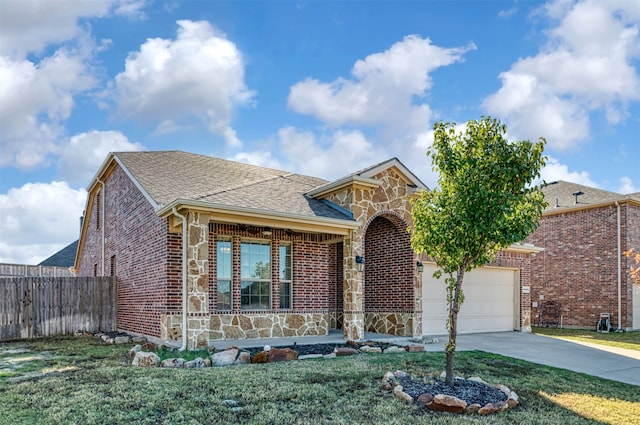 view of front of property with a garage and a front lawn