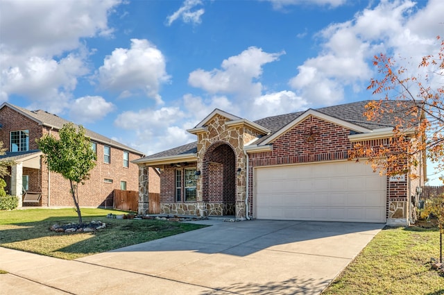 view of front of property featuring a front yard and a garage