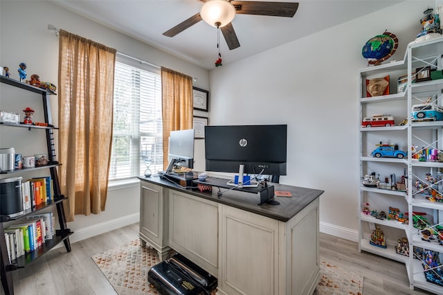 office space with light hardwood / wood-style flooring and ceiling fan