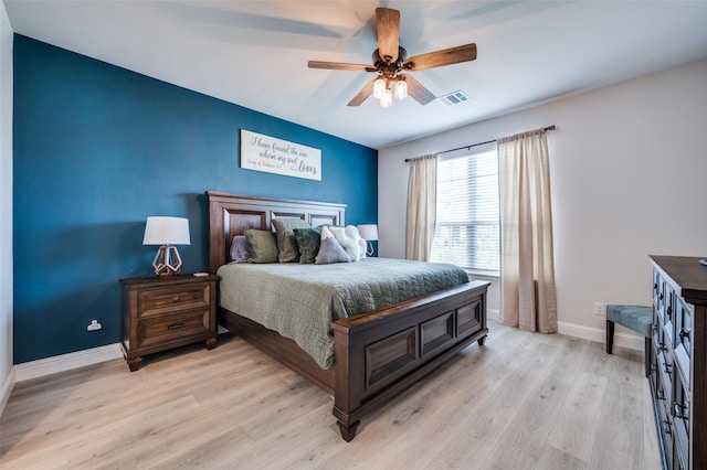 bedroom with ceiling fan and light hardwood / wood-style floors