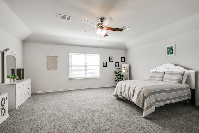 bedroom featuring carpet flooring, ceiling fan, and lofted ceiling