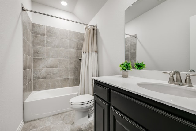 full bathroom with vanity, lofted ceiling, tile patterned floors, toilet, and shower / tub combo with curtain