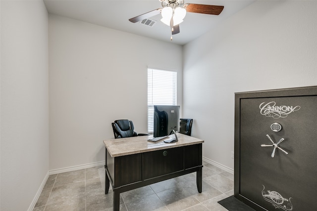 tiled office with ceiling fan