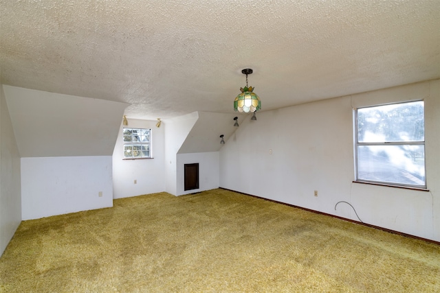 additional living space with a textured ceiling, carpet, and vaulted ceiling