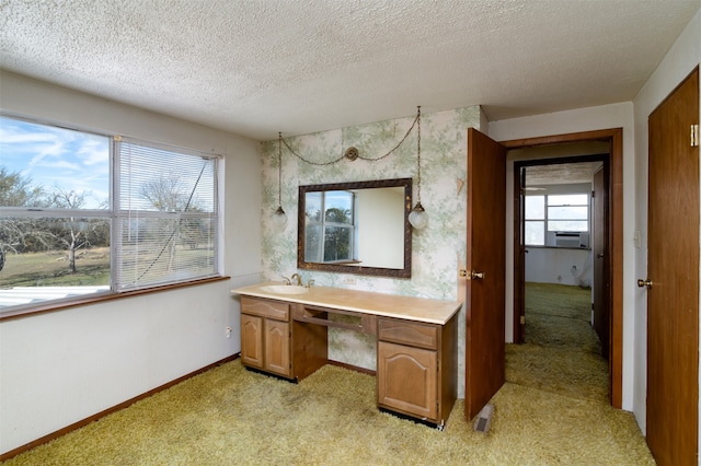 bathroom with plenty of natural light, vanity, and a textured ceiling