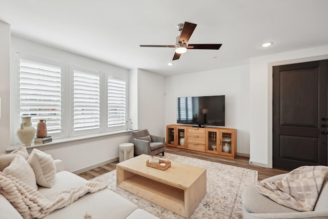 living room featuring ceiling fan and hardwood / wood-style flooring