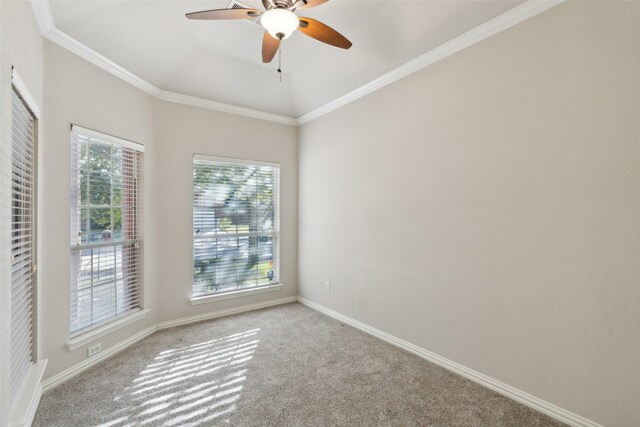 unfurnished room with ceiling fan, light colored carpet, and ornamental molding