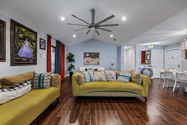 living room featuring ceiling fan, dark wood-type flooring, and vaulted ceiling