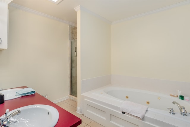 bathroom featuring tile patterned floors, sink, shower with separate bathtub, and ornamental molding