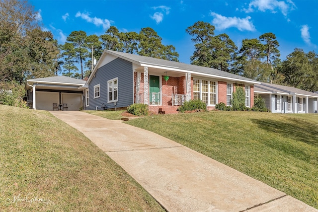 ranch-style house featuring a front yard and a carport