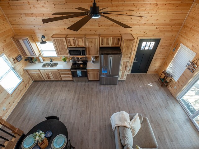 kitchen with wooden walls, plenty of natural light, light wood-type flooring, and appliances with stainless steel finishes