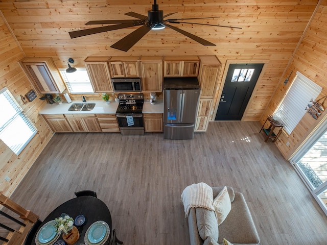 kitchen featuring wooden walls, wood finished floors, light brown cabinets, a sink, and stainless steel appliances