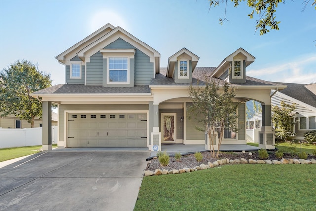 view of front of property featuring a front lawn, covered porch, and a garage