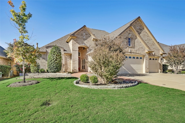 french country home featuring a garage and a front lawn