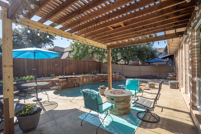 view of patio featuring an outdoor fire pit, a fenced in pool, and a pergola