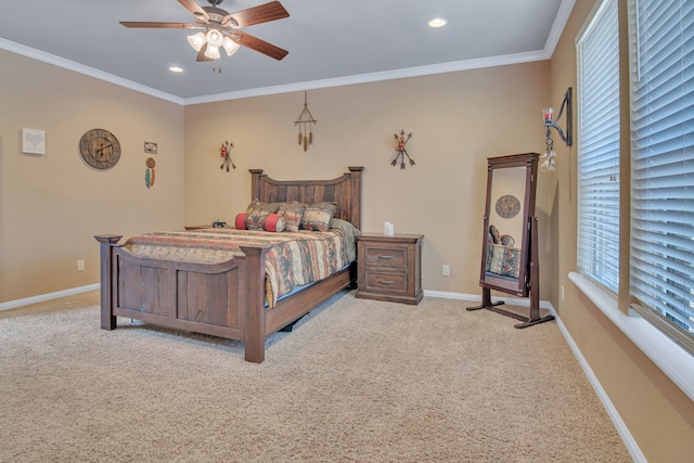 bedroom featuring light carpet, ceiling fan, and ornamental molding