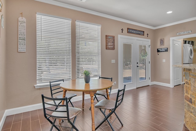 dining room featuring french doors, dark hardwood / wood-style floors, and ornamental molding