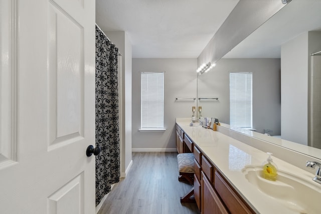 bathroom with hardwood / wood-style flooring and vanity