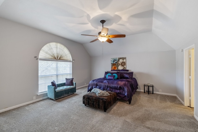 bedroom with carpet, ceiling fan, and lofted ceiling