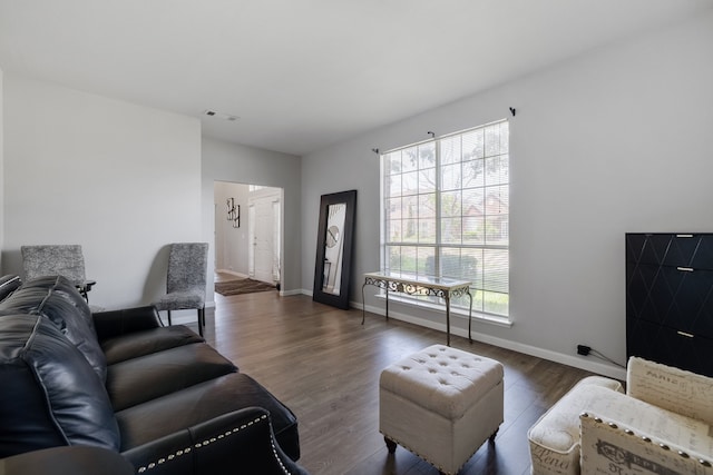 living room with dark hardwood / wood-style flooring