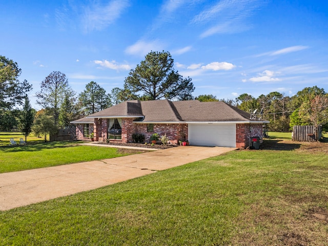 ranch-style home with a front yard and a garage