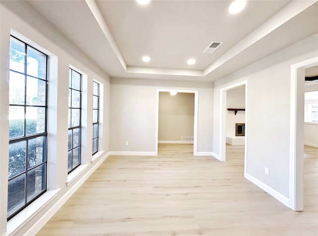 spare room featuring light hardwood / wood-style floors and a tray ceiling