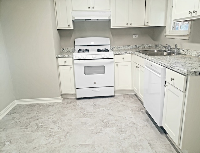 kitchen featuring light stone countertops, sink, white appliances, white cabinets, and custom exhaust hood