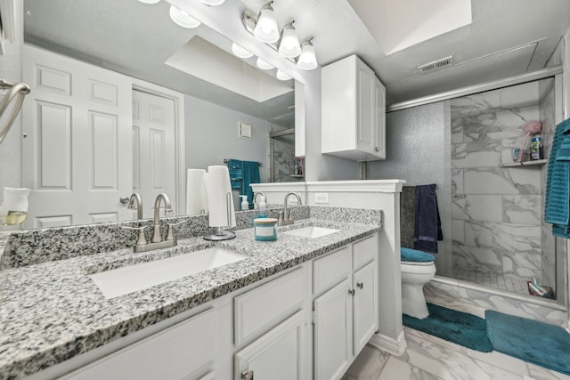 bathroom featuring vanity, toilet, and walk in shower