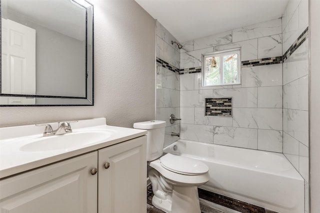 6614 Parkdale Dr, Dallas, TX 75227 - full bathroom featuring vanity, shower / washtub combination, toilet, and a textured wall