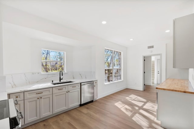 kitchen with sink, wooden counters, dishwasher, stove, and a healthy amount of sunlight