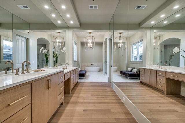 bathroom featuring a bathing tub, vanity, and wood-type flooring