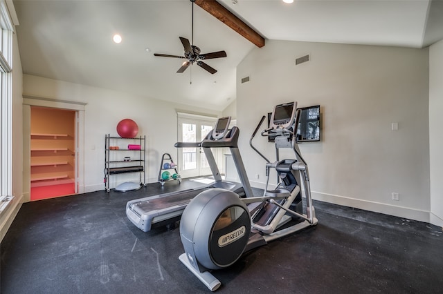 workout room featuring ceiling fan and high vaulted ceiling