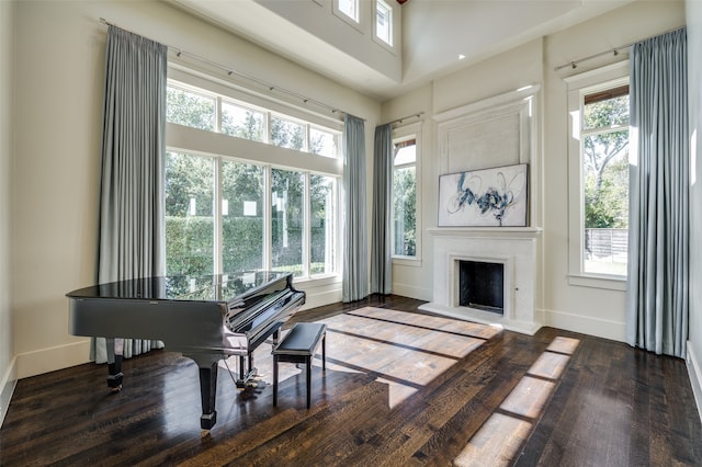 living area with plenty of natural light, dark wood-type flooring, and a high ceiling