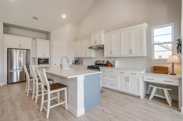 kitchen featuring white cabinetry, stainless steel appliances, light hardwood / wood-style flooring, high vaulted ceiling, and a kitchen island with sink