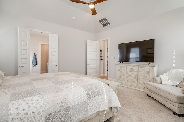 carpeted bedroom featuring ceiling fan and lofted ceiling