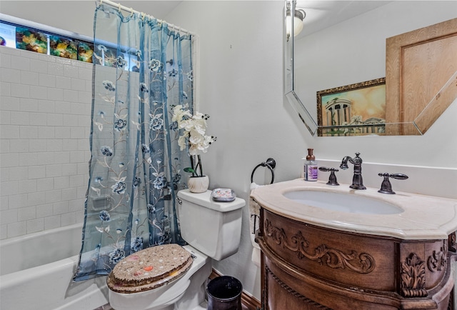 full bathroom with vanity, toilet, and shower / bathtub combination with curtain