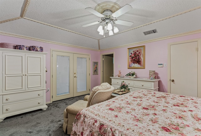 bedroom with french doors, dark carpet, a textured ceiling, vaulted ceiling, and ceiling fan